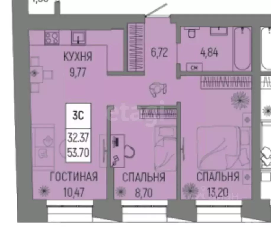 3-к кв. Башкортостан, Уфа ул. Рудольфа Нуреева, 9 (53.6 м) - Фото 2