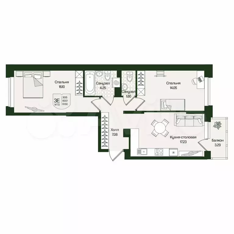 2-к. квартира, 61,5 м, 2/4 эт. - Фото 0