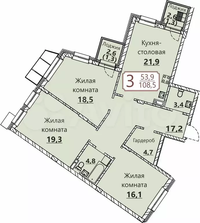 3-к. квартира, 108,5 м, 6/8 эт. - Фото 0
