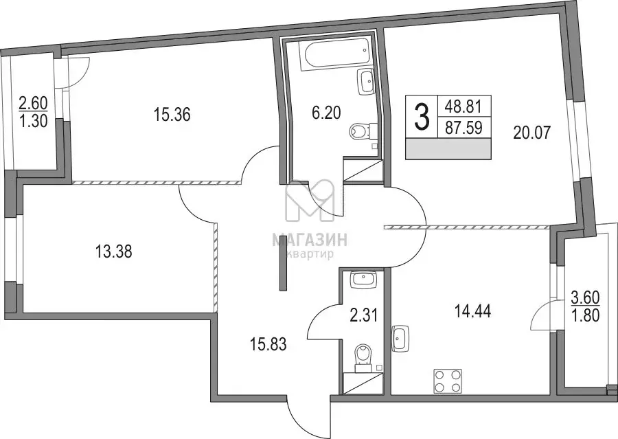 Квартира-студия: Санкт-Петербург, Коломяжский проспект, 13к3 (90.69 м) - Фото 1
