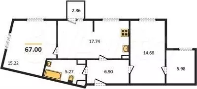 2-к. квартира, 67 м, 6/6 эт. - Фото 1