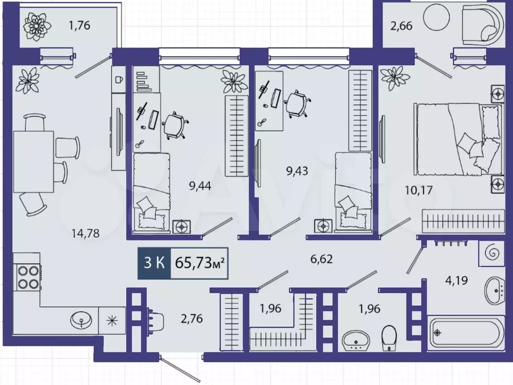 3-к. квартира, 65,7 м, 1/4 эт. - Фото 1