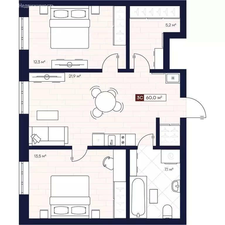 3-комнатная квартира: Новосибирск, улица Кошурникова, с24 (60 м) - Фото 0