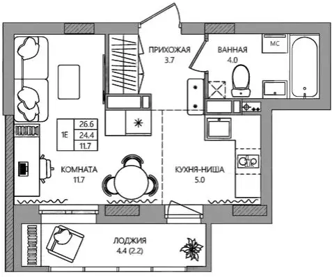 Квартира-студия: деревня Кондратово, Водопроводная улица, 5 (26.6 м) - Фото 1