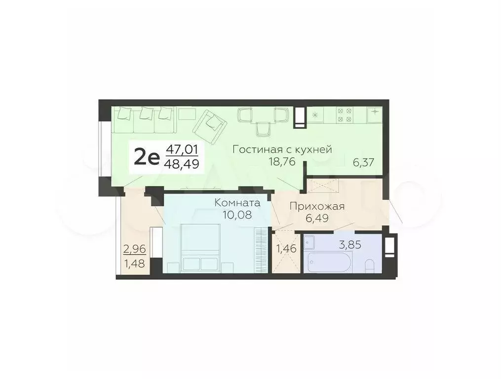 2-к. квартира, 48,5 м, 12/19 эт. - Фото 0