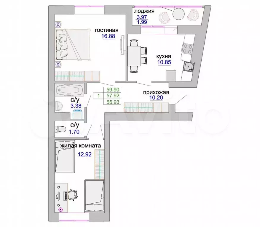 2-к. квартира, 58,6 м, 1/9 эт. - Фото 1