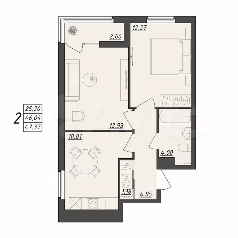2-к. квартира, 47,4 м, 2/10 эт. - Фото 0