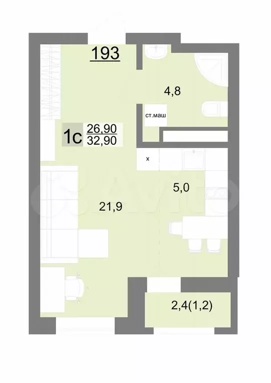 Квартира-студия, 32,9 м, 22/26 эт. - Фото 1