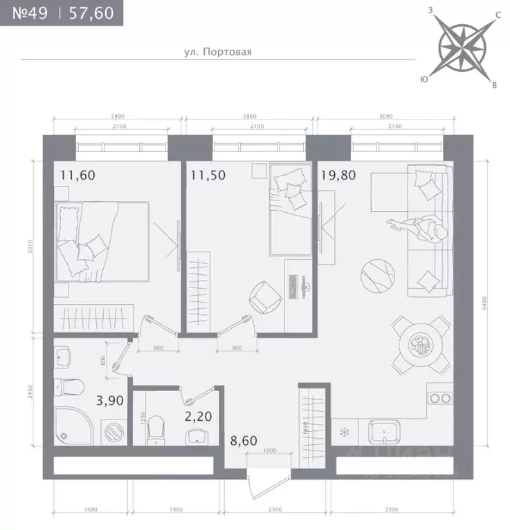 2-к кв. Татарстан, Казань 1712 жилой комплекс (57.6 м) - Фото 1