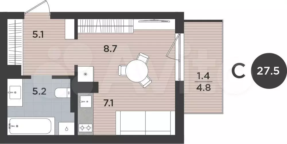 Квартира-студия, 27,5 м, 8/9 эт. - Фото 1