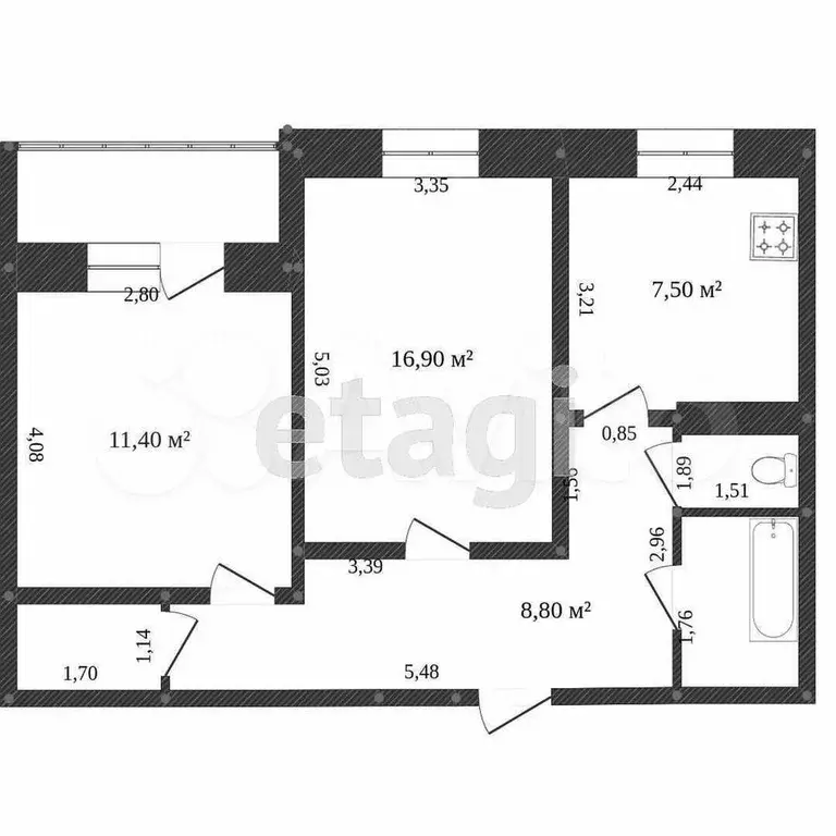 2-к. квартира, 54 м, 8/9 эт. - Фото 0