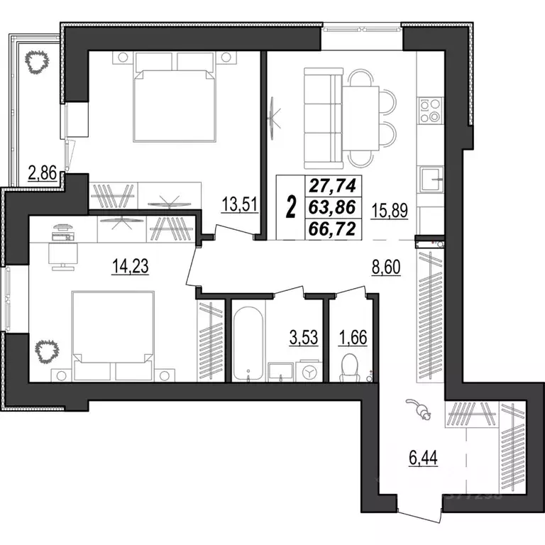 2-к кв. Мордовия, Саранск ул. 1-я Набережная, 56 (66.72 м) - Фото 1