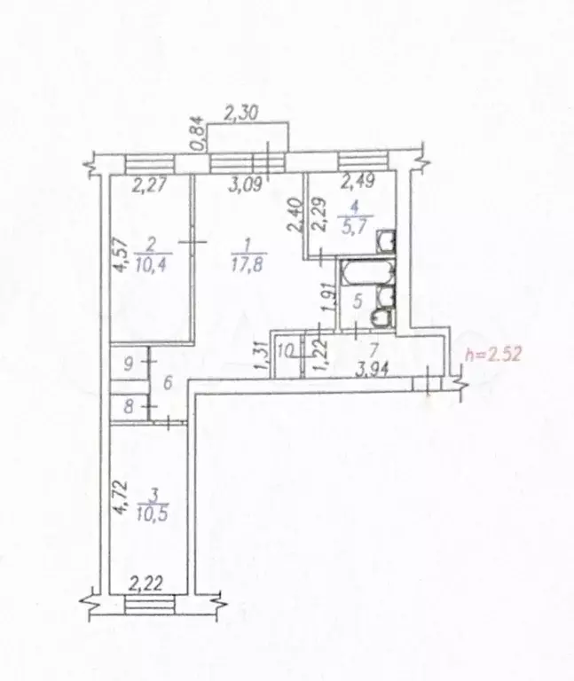 3-к. квартира, 57,4 м, 3/5 эт. - Фото 0