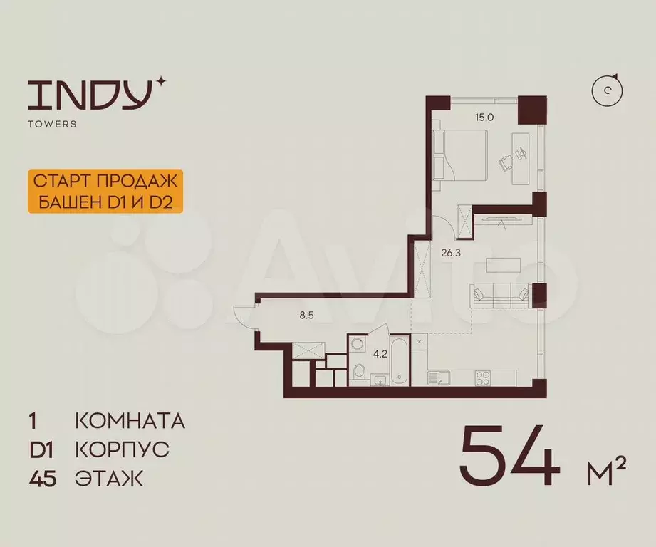 1-к. квартира, 54 м, 45/55 эт. - Фото 0