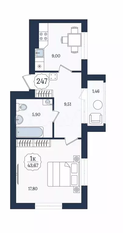 1-к. квартира, 43,7 м, 5/9 эт. - Фото 1