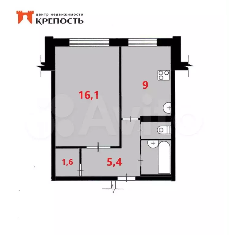 1-к. квартира, 35,8 м, 5/5 эт. - Фото 0