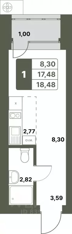 1-к кв. Башкортостан, Уфимский район, с. Миловка  (18.48 м) - Фото 0