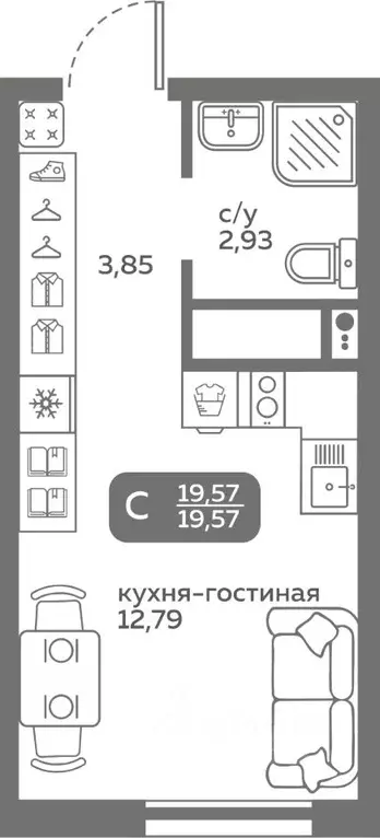 Студия Тюменская область, Тюмень ул. Вадима Бованенко, 10 (19.57 м) - Фото 0