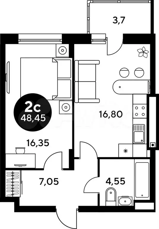 2-к. квартира, 48,6 м, 3/9 эт. - Фото 0