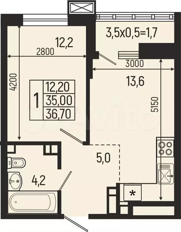 1-к. квартира, 36,7 м, 4/9 эт. - Фото 1