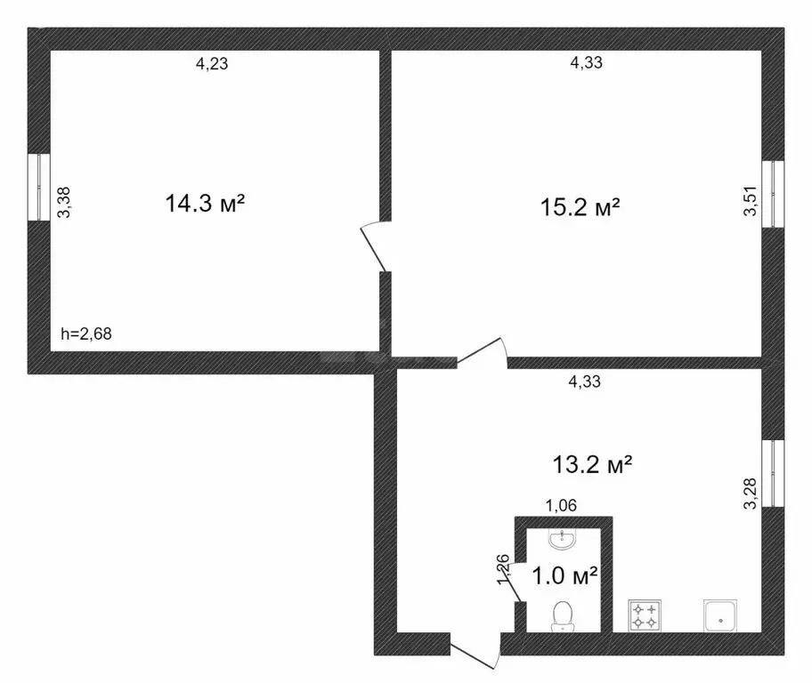 2-комнатная квартира: село Плешково, Школьная улица, 36 (43.7 м) - Фото 1