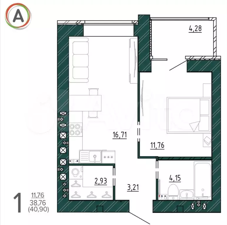 1-к. квартира, 40,9м, 7/9эт. - Фото 0