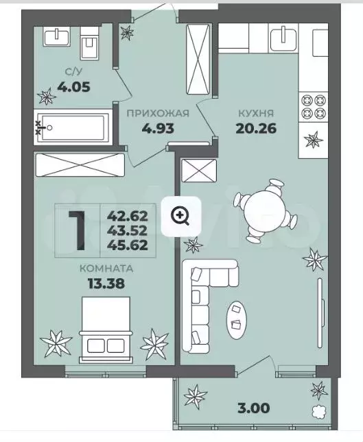 1-к. квартира, 43,5 м, 4/8 эт. - Фото 1