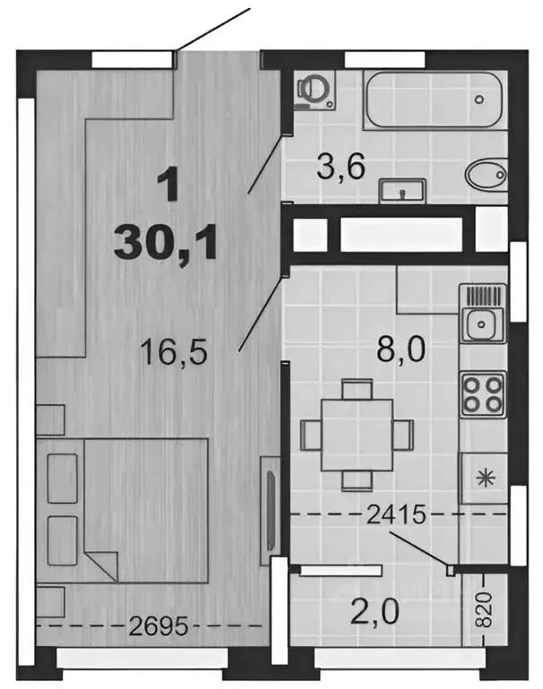 1-к кв. Рязанская область, Рязань ул. Александра Полина, 1 (29.57 м) - Фото 2