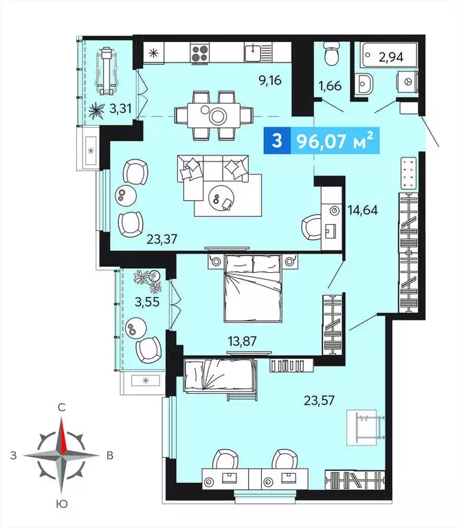 3-комнатная квартира: Засечное, микрорайон Город Спутник (96.07 м) - Фото 0