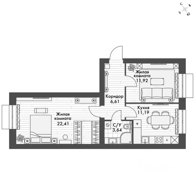 2-к кв. Татарстан, Зеленодольский район, Октябрьское с/пос, пос. ... - Фото 2