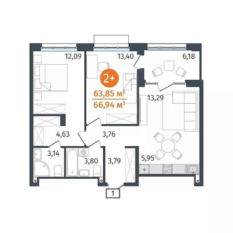 2-к кв. Тюменская область, Тюмень ул. Тимофея Кармацкого, 17 (63.85 м) - Фото 0