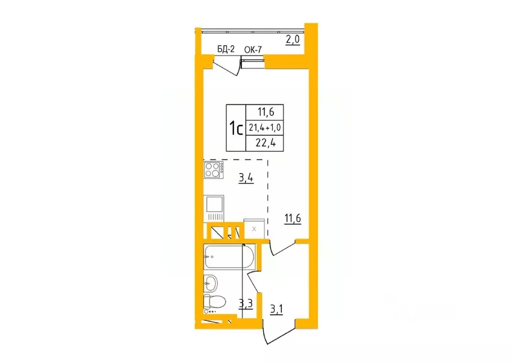Студия Башкортостан, Уфа Инорс-4Б мкр, Акварель жилой комплекс (22.2 ... - Фото 0