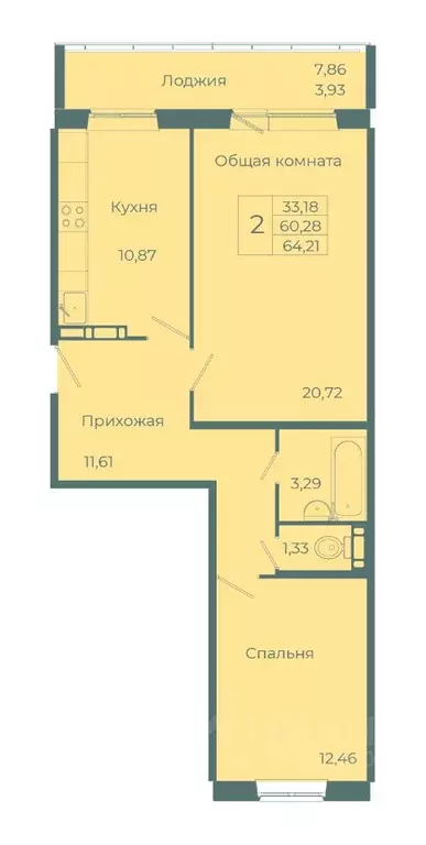 2-к кв. Кемеровская область, Кемерово ул. 1-я Линия, 18В/2 (64.21 м) - Фото 0