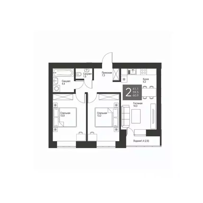 2-к кв. Татарстан, Альметьевск ул. Гафиатуллина, 60 (60.9 м) - Фото 0