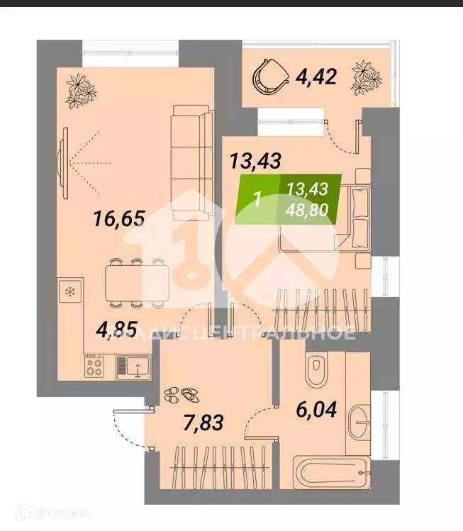 Продаётся 1-к квартира, 48.5 м - Фото 1