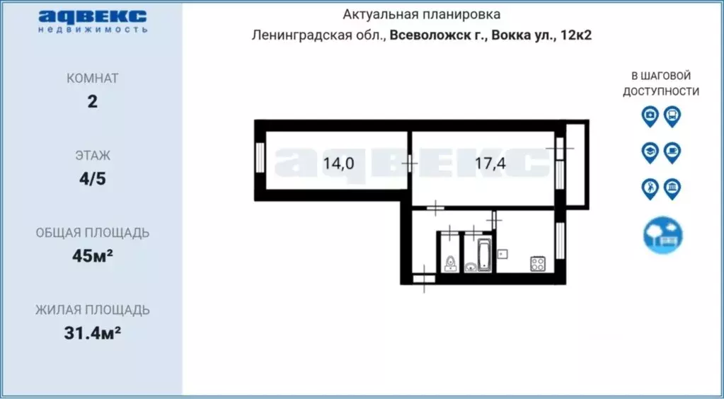 2-к кв. Ленинградская область, Всеволожск ул. Вокка, 12к2 (45.2 м) - Фото 2