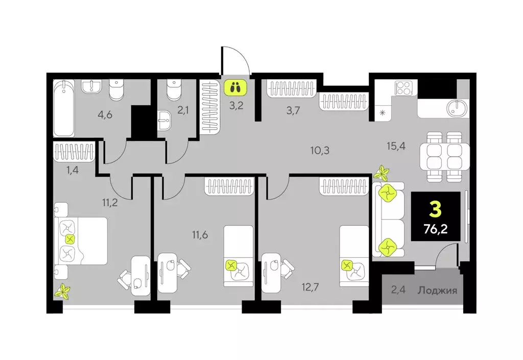 3-комнатная квартира: Тюмень, улица Ивана Чистякова, 3 (76.2 м) - Фото 1
