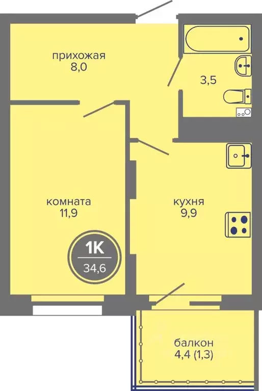 1-к кв. Пермский край, Пермь ш. Космонавтов, 309Ак1 (34.6 м) - Фото 1