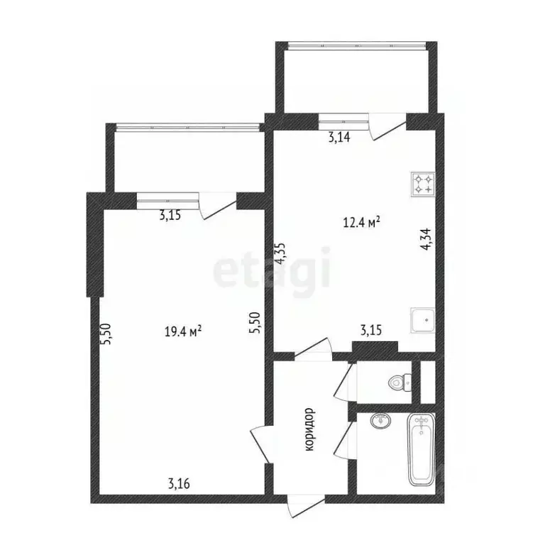 1-к кв. Белгородская область, Белгород бул. Юности, 45 (41.0 м) - Фото 2