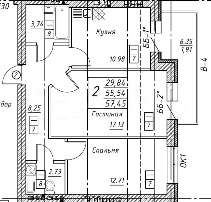 2-к. квартира, 58 м, 3/7 эт. - Фото 0