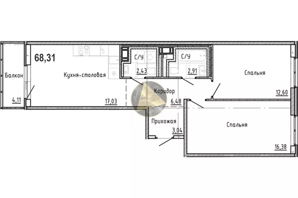 2-к кв. Санкт-Петербург наб. Реки Каменки, 3к3 (68.31 м) - Фото 2