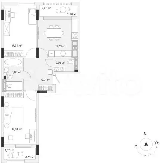 2-к. квартира, 73,3 м, 1/7 эт. - Фото 1