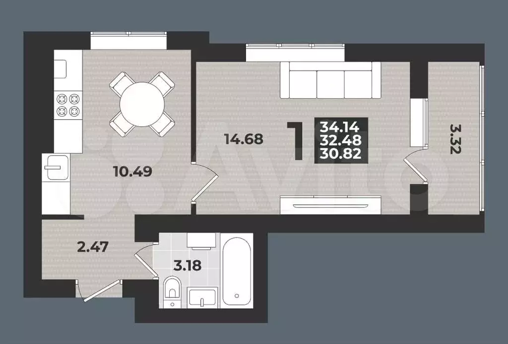 1-к. квартира, 34,1 м, 5/9 эт. - Фото 1