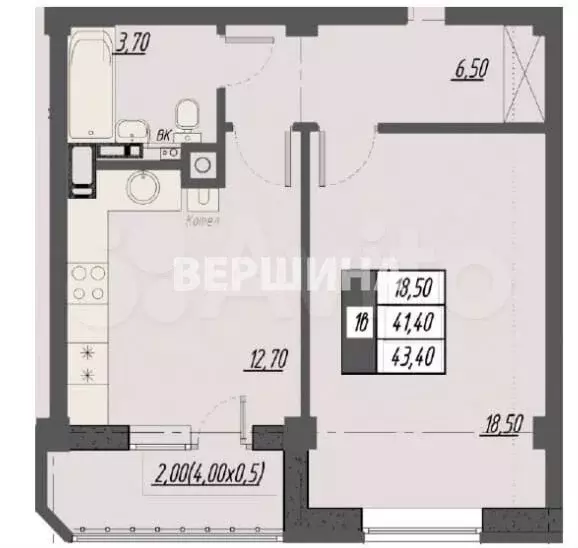 1-к. квартира, 43,4 м, 4/8 эт. - Фото 0