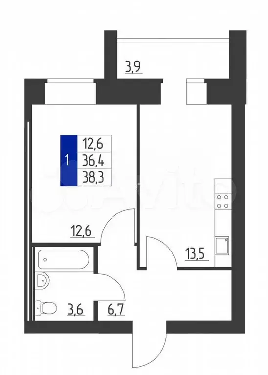 1-к. квартира, 38,3 м, 8/9 эт. - Фото 0