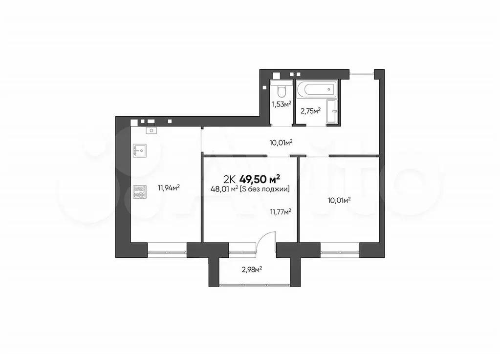 2-к. квартира, 49,5 м, 2/4 эт. - Фото 1