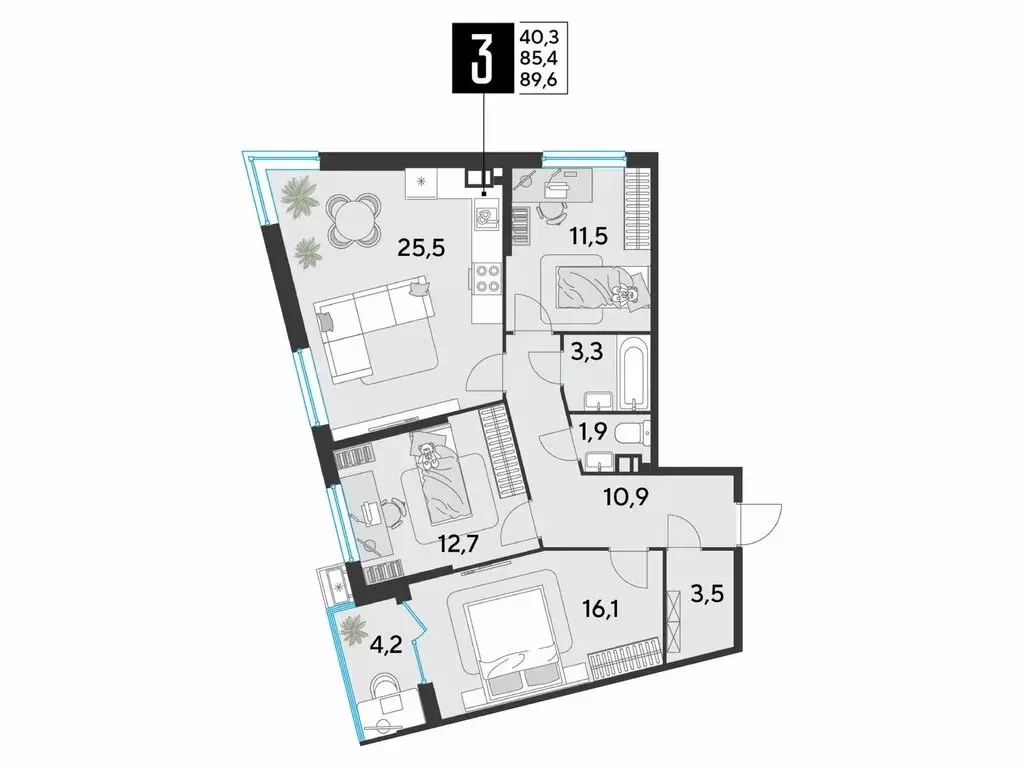 3-комнатная квартира: Краснодар, микрорайон Парк Победы (89.6 м) - Фото 1
