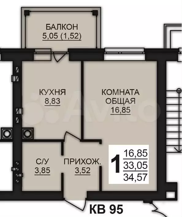 1-к. квартира, 34,6 м, 8/8 эт. - Фото 0