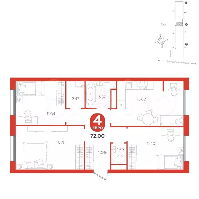 4-к. квартира, 72 м, 2/4 эт. - Фото 0