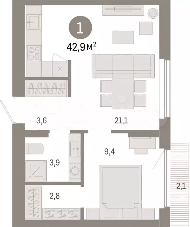 1-к. квартира, 42,9 м, 6/12 эт. - Фото 1